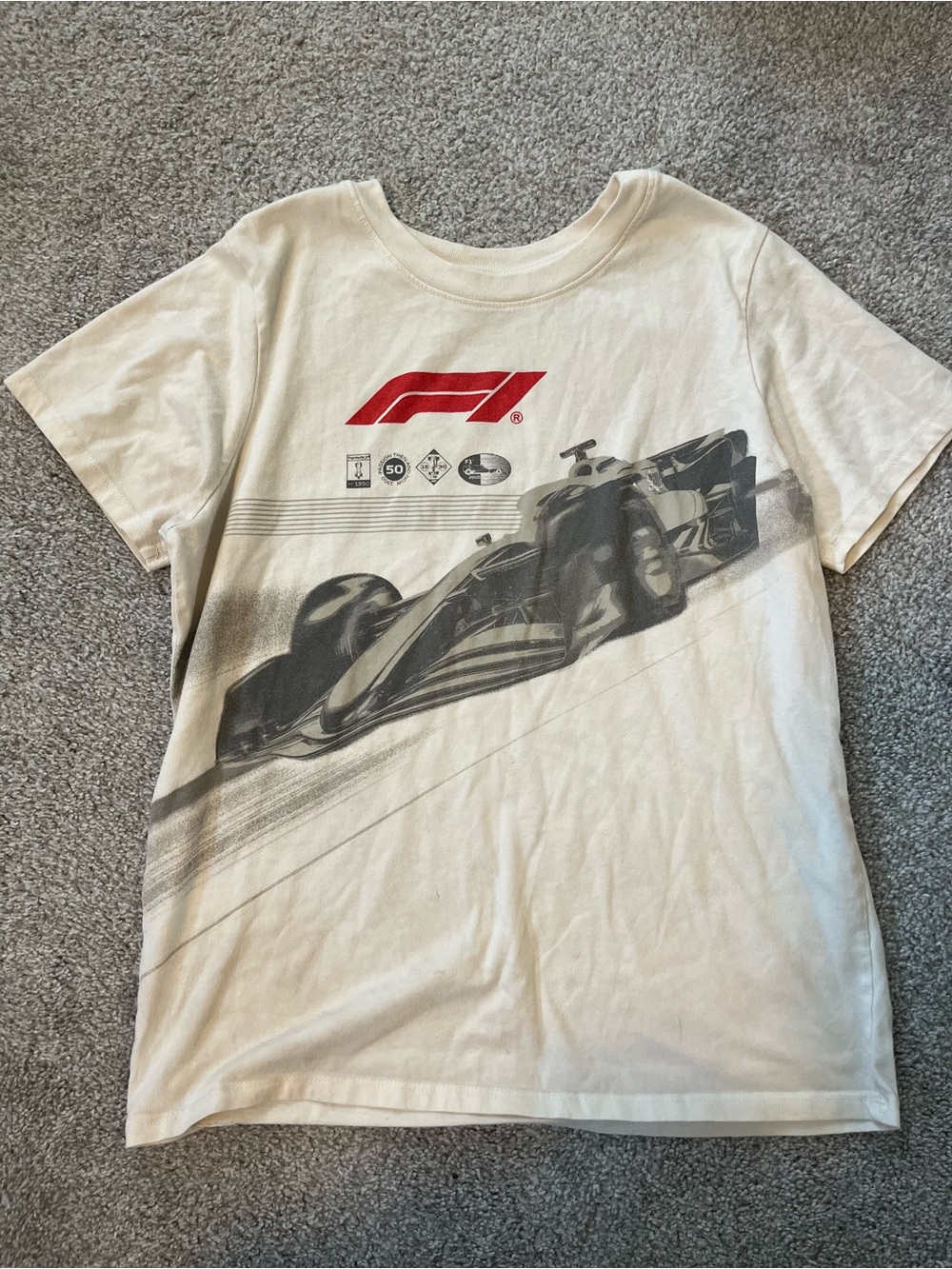 Hybrid & company White Tee with Black Racing Car and Red F1 Logo
